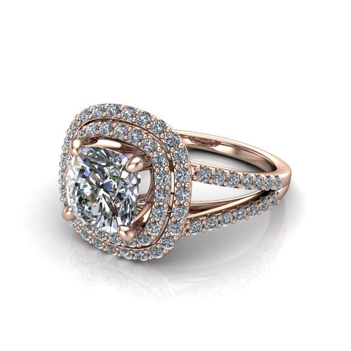 Brynn cushion double halo engagement ring in 14K Rose Gold, three-quarter perspective showing the cushion center diamond in a double pave halo above a split-shank band