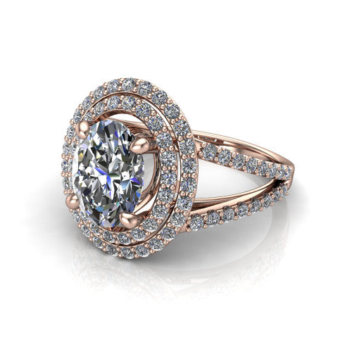 Brynn oval double halo engagement ring in 18K Rose Gold, three-quarter perspective showing the oval center diamond in a double pave halo above a split-shank band