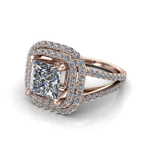 Brynn princess double halo engagement ring in 18K Rose Gold, three-quarter perspective showing the princess center diamond in a double pave halo above a split-shank band