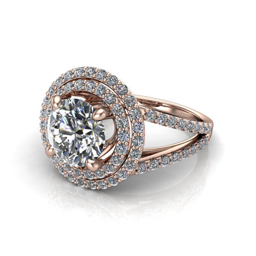Brynn round double halo engagement ring in 18K Rose Gold, three-quarter perspective showing the round center diamond in a double pave halo above a split-shank band