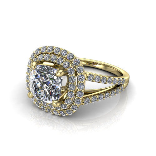 Brynn cushion double halo engagement ring in 18K Yellow Gold, three-quarter perspective showing the cushion center diamond in a double pave halo above a split-shank band