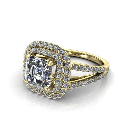 Brynn square emerald double halo engagement ring in 18K Yellow Gold, three-quarter perspective showing the square emerald center diamond in a double pave halo above a split-shank band