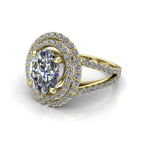 Brynn oval double halo engagement ring in 14K Yellow Gold, three-quarter perspective showing the oval center diamond in a double pave halo above a split-shank band