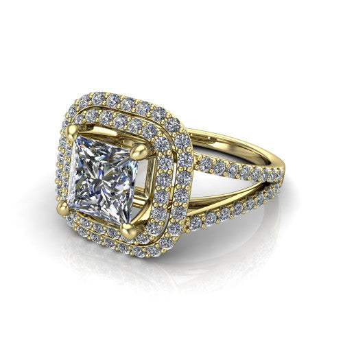 Brynn princess double halo engagement ring in 14K Yellow Gold, three-quarter perspective showing the princess center diamond in a double pave halo above a split-shank band