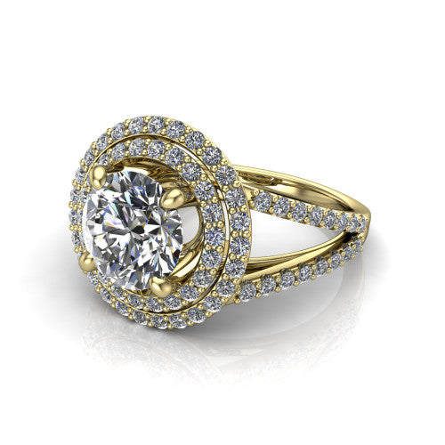 Brynn round double halo engagement ring in 18K Yellow Gold, three-quarter perspective showing the round center diamond in a double pave halo above a split-shank band