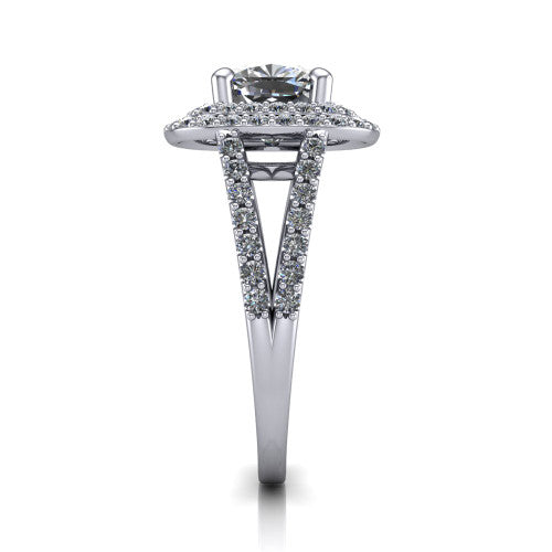 Brynn cushion double halo engagement ring in 14K White Gold, side profile showing the double halo and split-shank band