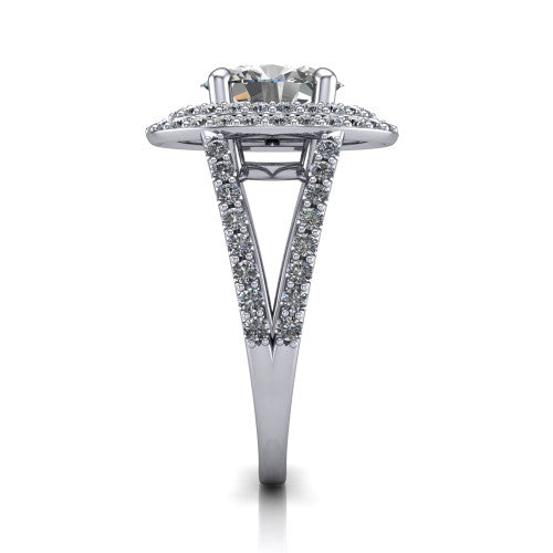 Brynn oval double halo engagement ring in 18K White Gold, side profile showing the double halo and split-shank band