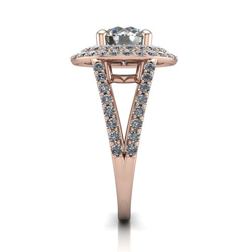 Brynn round double halo engagement ring in 14K Rose Gold, side profile showing the double halo and split-shank band