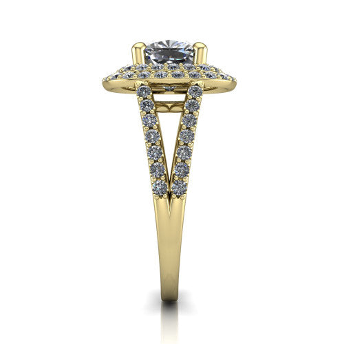 Brynn cushion double halo engagement ring in 18K Yellow Gold, side profile showing the double halo and split-shank band