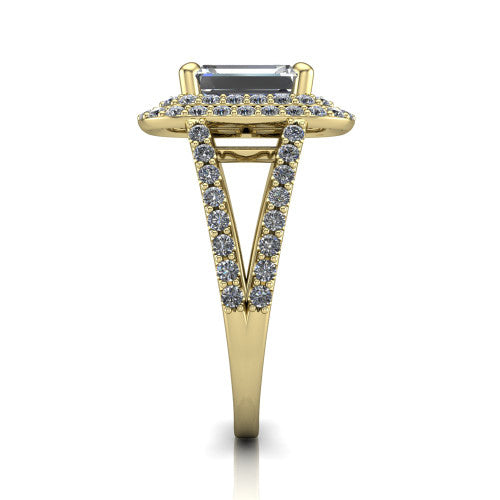 Brynn emerald double halo engagement ring in 14K Yellow Gold, side profile showing the double halo and split-shank band