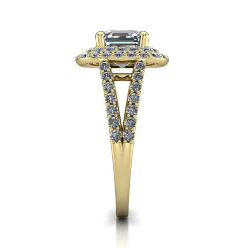 Brynn square emerald double halo engagement ring in 18K Yellow Gold, side profile showing the double halo and split-shank band