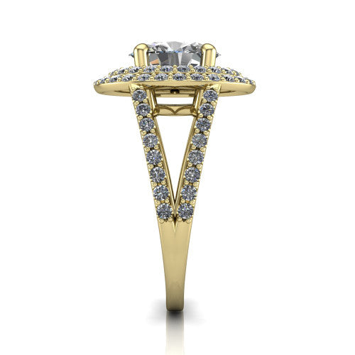 Brynn oval double halo engagement ring in 18K Yellow Gold, side profile showing the double halo and split-shank band