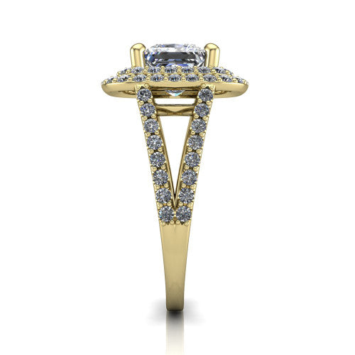 Brynn princess double halo engagement ring in 14K Yellow Gold, side profile showing the double halo and split-shank band