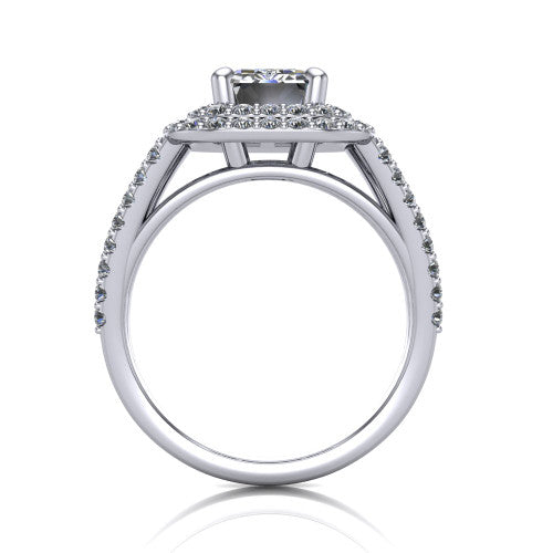Brynn emerald double halo engagement ring in 18K White Gold, through-finger front profile showing the split-shank pave band
