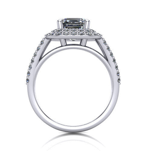 Brynn square emerald double halo engagement ring in Platinum, through-finger front profile showing the split-shank pave band