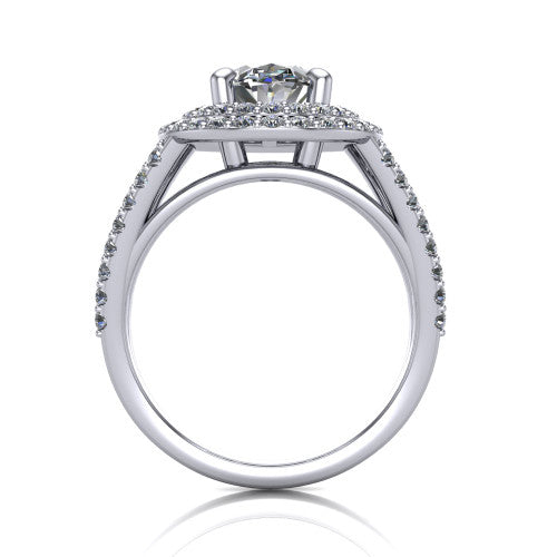Brynn oval double halo engagement ring in Platinum, through-finger front profile showing the split-shank pave band