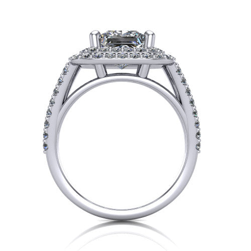 Brynn princess double halo engagement ring in 18K White Gold, through-finger front profile showing the split-shank pave band