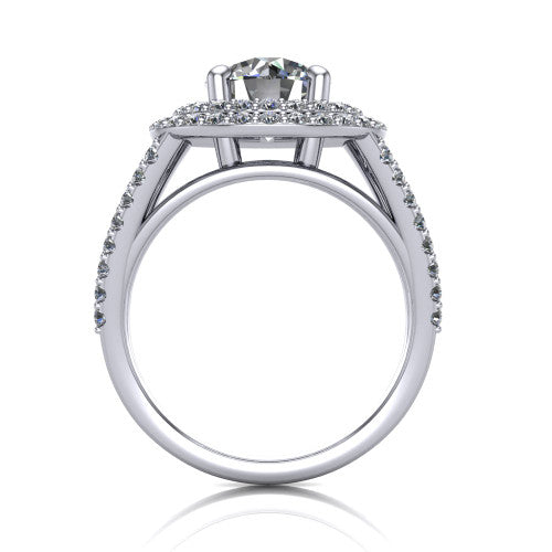 Brynn round double halo engagement ring in 18K White Gold, through-finger front profile showing the split-shank pave band