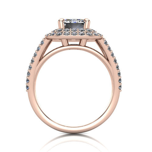 Brynn emerald double halo engagement ring in 18K Rose Gold, through-finger front profile showing the split-shank pave band
