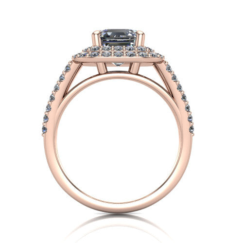 Brynn square emerald double halo engagement ring in 14K Rose Gold, through-finger front profile showing the split-shank pave band