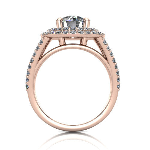 Brynn round double halo engagement ring in 14K Rose Gold, through-finger front profile showing the split-shank pave band
