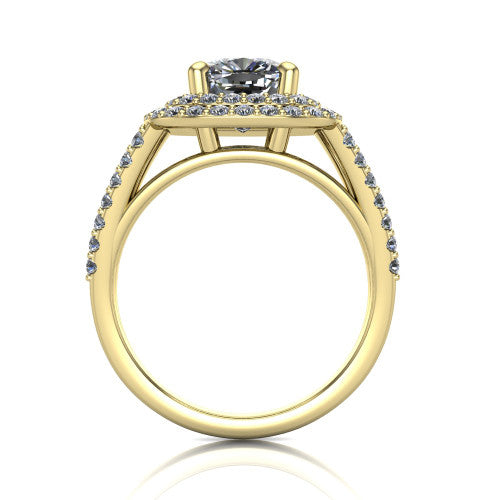 Brynn cushion double halo engagement ring in 14K Yellow Gold, through-finger front profile showing the split-shank pave band