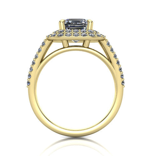 Brynn square emerald double halo engagement ring in 14K Yellow Gold, through-finger front profile showing the split-shank pave band