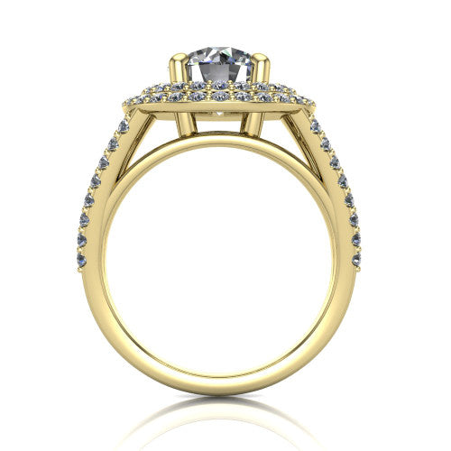 Brynn round double halo engagement ring in 14K Yellow Gold, through-finger front profile showing the split-shank pave band