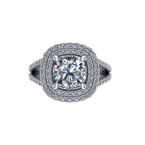 Brynn cushion double halo engagement ring in Platinum, top-down view showing the cushion center diamond framed by two pave halos