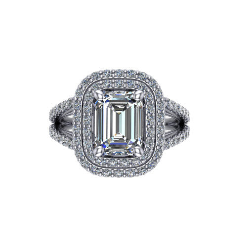 Brynn emerald double halo engagement ring in Platinum, top-down view showing the emerald center diamond framed by two pave halos