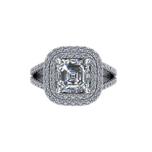 Brynn square emerald double halo engagement ring in 18K White Gold, top-down view showing the square emerald center diamond framed by two pave halos