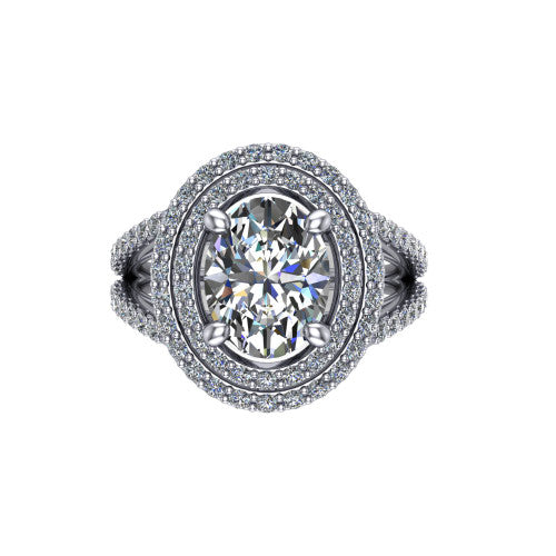 Brynn oval double halo engagement ring in Platinum, top-down view showing the oval center diamond framed by two pave halos