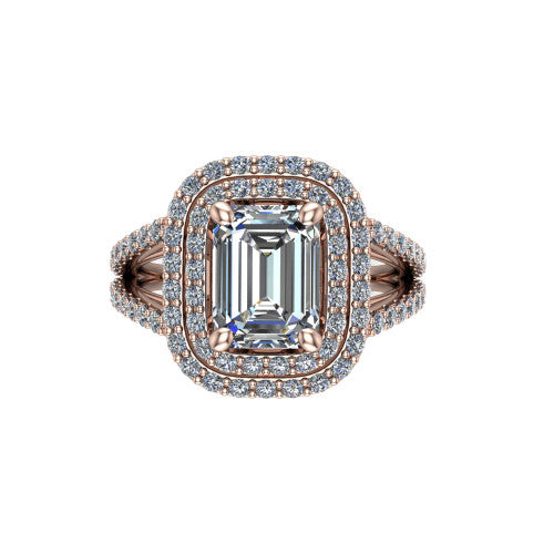 Brynn emerald double halo engagement ring in 18K Rose Gold, top-down view showing the emerald center diamond framed by two pave halos