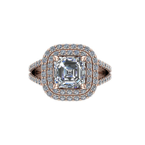 Brynn square emerald double halo engagement ring in 14K Rose Gold, top-down view showing the square emerald center diamond framed by two pave halos