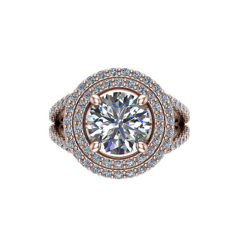 Brynn round double halo engagement ring in 14K Rose Gold, top-down view showing the round center diamond framed by two pave halos