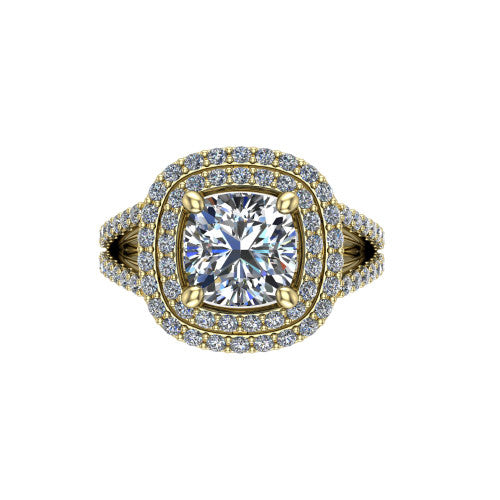 Brynn cushion double halo engagement ring in 14K Yellow Gold, top-down view showing the cushion center diamond framed by two pave halos