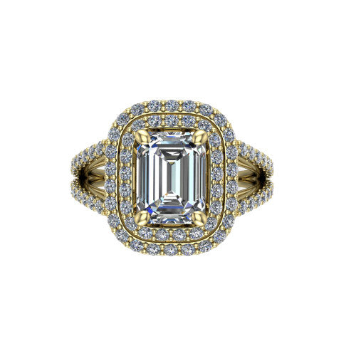 Brynn emerald double halo engagement ring in 14K Yellow Gold, top-down view showing the emerald center diamond framed by two pave halos