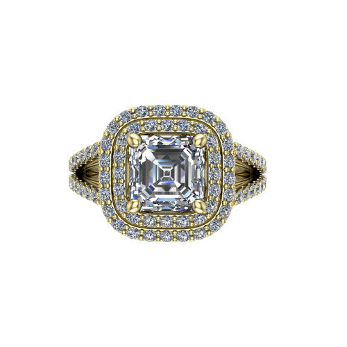 Brynn square emerald double halo engagement ring in 14K Yellow Gold, top-down view showing the square emerald center diamond framed by two pave halos