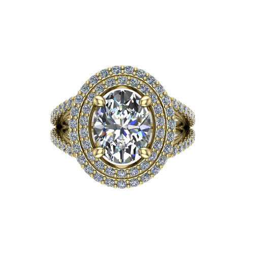 Brynn oval double halo engagement ring in 18K Yellow Gold, top-down view showing the oval center diamond framed by two pave halos