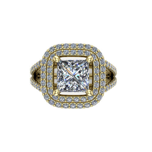 Brynn princess double halo engagement ring in 14K Yellow Gold, top-down view showing the princess center diamond framed by two pave halos