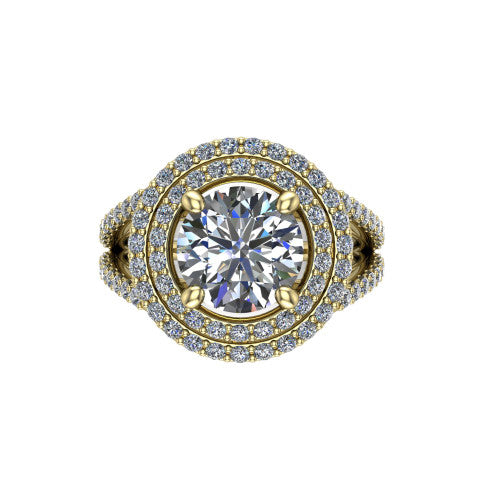 Brynn round double halo engagement ring in 14K Yellow Gold, top-down view showing the round center diamond framed by two pave halos