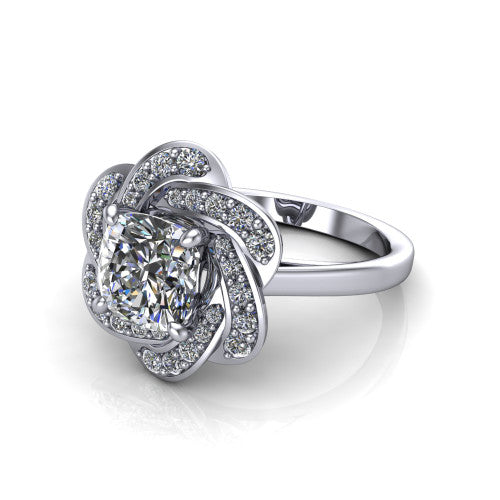 Evelynn cushion halo engagement ring in Platinum, three-quarter perspective showing the cushion center diamond in a flower-inspired woven pave halo on a polished band