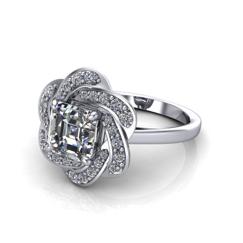 Evelynn square emerald halo engagement ring in 14K White Gold, three-quarter perspective showing the square emerald center diamond in a flower-inspired woven pave halo on a polished band