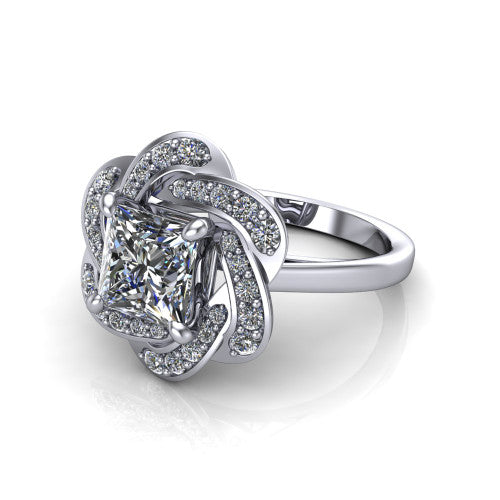 Evelynn princess halo engagement ring in 18K White Gold, three-quarter perspective showing the princess center diamond in a flower-inspired woven pave halo on a polished band
