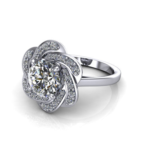 Evelynn round halo engagement ring in Platinum, three-quarter perspective showing the round center diamond in a flower-inspired woven pave halo on a polished band