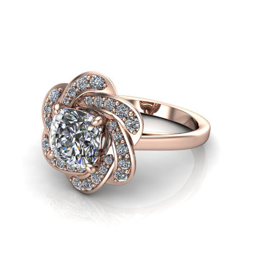 Evelynn cushion halo engagement ring in 14K Rose Gold, three-quarter perspective showing the cushion center diamond in a flower-inspired woven pave halo on a polished band