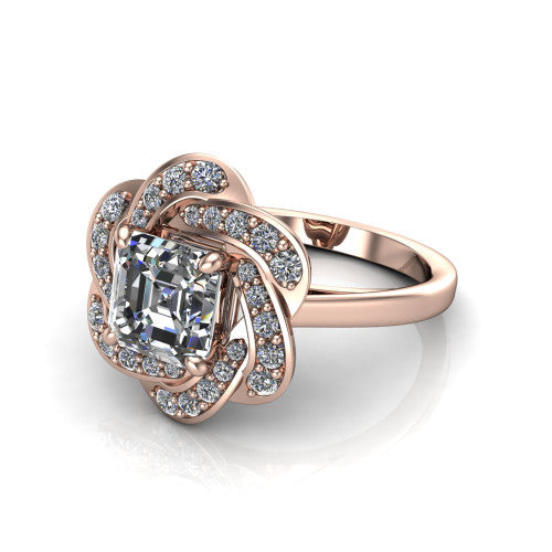 Evelynn square emerald halo engagement ring in 14K Rose Gold, three-quarter perspective showing the square emerald center diamond in a flower-inspired woven pave halo on a polished band
