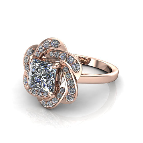 Evelynn princess halo engagement ring in 18K Rose Gold, three-quarter perspective showing the princess center diamond in a flower-inspired woven pave halo on a polished band