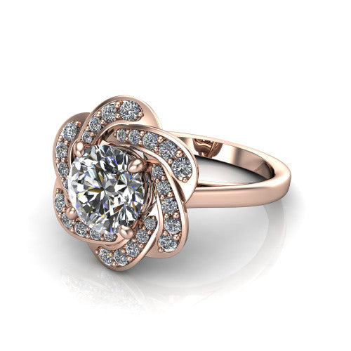 Evelynn round halo engagement ring in 18K Rose Gold, three-quarter perspective showing the round center diamond in a flower-inspired woven pave halo on a polished band