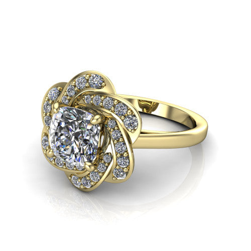 Evelynn cushion halo engagement ring in 18K Yellow Gold, three-quarter perspective showing the cushion center diamond in a flower-inspired woven pave halo on a polished band